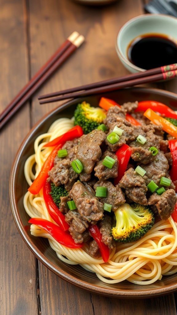 Beef and Noodle Stir-Fry Recipe A colorful beef and noodle stir-fry with vegetables on a plate, garnished with green onions, served with chopsticks.